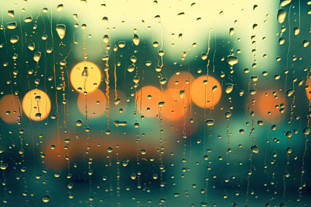 Happy Christmas light rain water on window decorations in new year night winter background. Ornaments elements gold confetti bokeh color Xmas Christmas glow vintage Green.の素材
