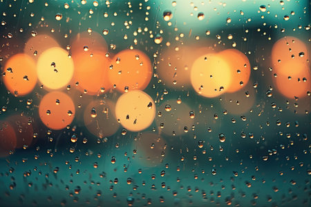 Happy Christmas light rain water on window decorations in new year night winter background. Ornaments elements gold confetti bokeh color Xmas Christmas glow vintage Green.の素材