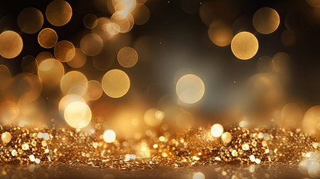 Happy Christmas light decorations in new year night winter background. Ornaments elements gold confetti bokeh color Xmas 2024 Glass ball tree decorations. Christmas glowing Golden Background.の素材