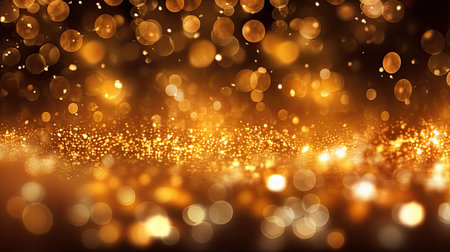 Happy Christmas light decorations in new year night winter background. Ornaments elements gold confetti bokeh color Xmas 2024 Glass ball tree decorations. Christmas glowing Golden Background.の素材