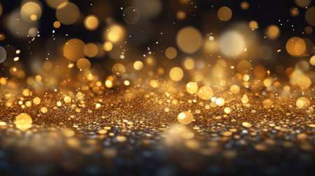 Happy Christmas light decorations in new year night winter background. Ornaments elements gold confetti bokeh color Xmas 2024 Glass ball tree decorations. Christmas glowing Golden Background.の素材