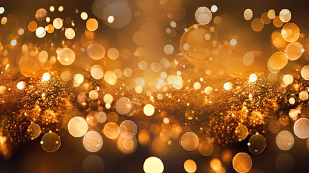 Happy Christmas light decorations in new year night winter background. Ornaments elements gold confetti bokeh color Xmas 2024 Glass ball tree decorations. Christmas glowing Golden Background.の素材