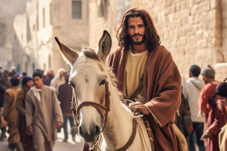 Palm sunday and easter day for disciple people welcome Jesus King on donkey to people in Jerusalem Israel celebration Easter day. Hand Hold palm leave background easter sign symbol concept.の素材