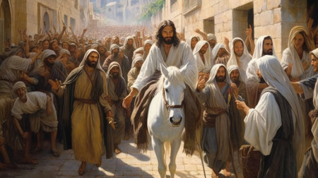Palm sunday and easter day for disciple people welcome Jesus King on donkey to people in Jerusalem Israel celebration Easter day. easter sign symbol concept oil painting style.の素材