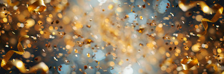 Image of Gold confetti falling over black background. confetti and ribbon flying on air during a festival at night background. Blurred Golden bokeh lights on party festive. Glitter sparkle stars.の素材