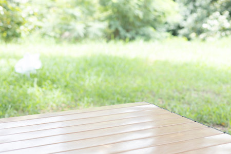 wooden desk outdoor on green lawn,smooth planks the bright sunlight. Natural texture light, blurred background of grass, peaceful backyard scene.の写真素材