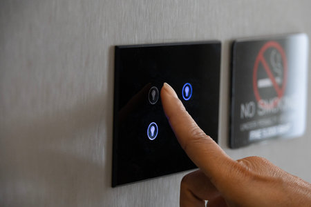 Modern home smart lighting system touchscreen panel button control ambiance adjustment energy...