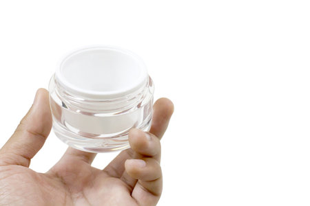 White Matte Glass Doublewall Jar With Plastic Lid in Hand white background