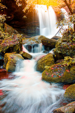The landscape photo beautiful Waterfall in autumn forest Thailandの写真素材