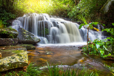 Mun Dang Waterfall in deep forest fresh green rain season in Thailandの写真素材