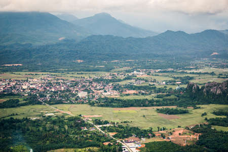 Panorama Top view of  Beautiful Forest landscape of Sunrise with mist  Mountains landscape,Vang Vieng,Laosの写真素材