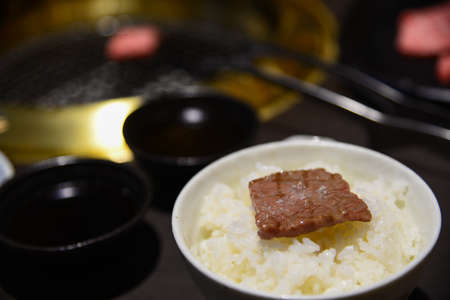 A piece of A5 Hida beef on top a rice bowlの写真素材