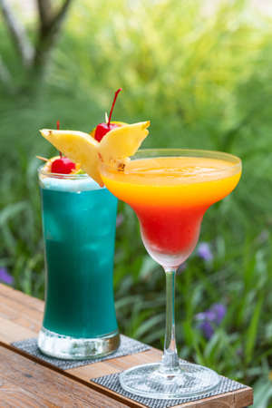 colourful cocktail and mocktail serving during the happy hoursの写真素材