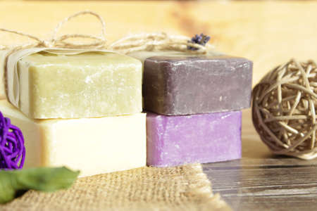 Soap on a dish over wooden backgroundの写真素材