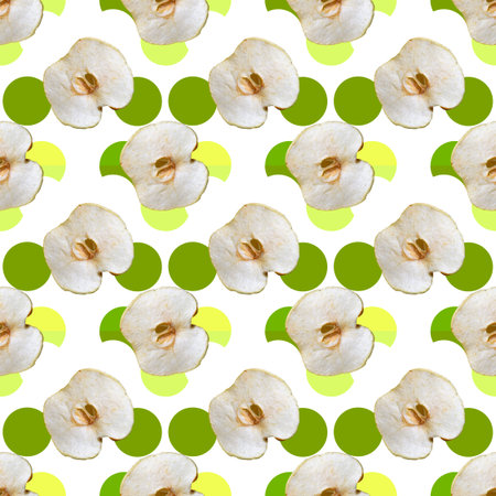 Seamless pattern. Apple chips on a light background with green peas.