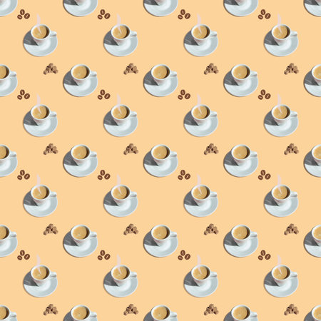 Seamless pattern with a cup of espresso coffee and a hill of cane sugar slices.