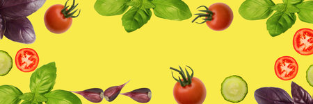 Tomatoes with green and purple basil and garlic on a yellow background with space for text. Banner.の写真素材