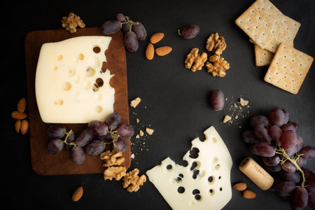 Maasdam cheese, walnut, cookies and berries of purple grapes on a dark background with space for...