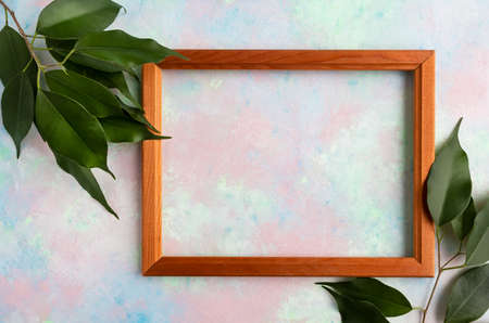 Wooden frame on a pastel background and branches with green leaves with space for text. Layout for postcard, banner, poster, invitation.の写真素材