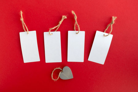 Product labels on a red background for your text and a heart.