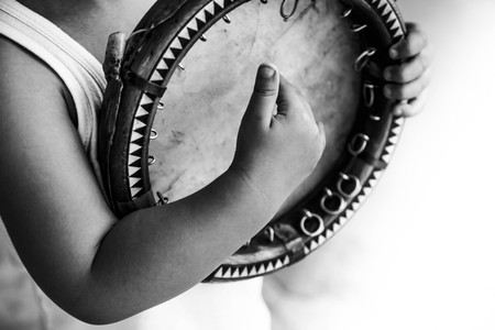 Shild with uzbek national instrument doira (b & w)の写真素材