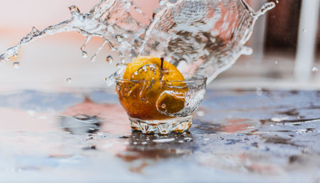 apples in the water stream with splashes standing on the glass outdoorsの写真素材