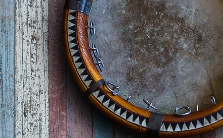 Central Asian tambourine. Uzbek doira. The traditional uzbek musical instrument doira, Bukhara, Uzbekistanの写真素材