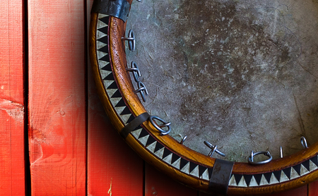 Central Asian tambourine. Uzbek doira. The traditional uzbek musical instrument doira, Bukhara, Uzbekistanの写真素材