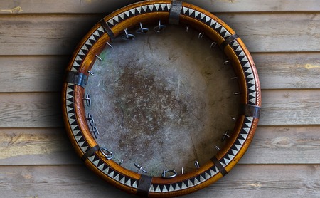Central Asian tambourine. Uzbek doira. The traditional uzbek musical instrument doira, Bukhara, Uzbekistanの写真素材