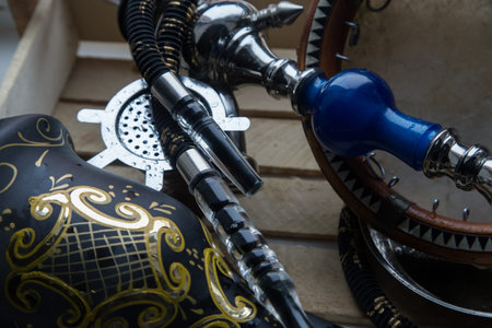 Big hookah glass ceramic parts and Central Asian tambourine. Uzbek doira. The traditional uzbek...