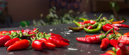 From above pile of red pepper placed on dark board background.