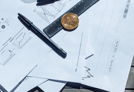 Finance concept: Bitcoin, analytics, charts tables and financial trends backgroundの写真素材