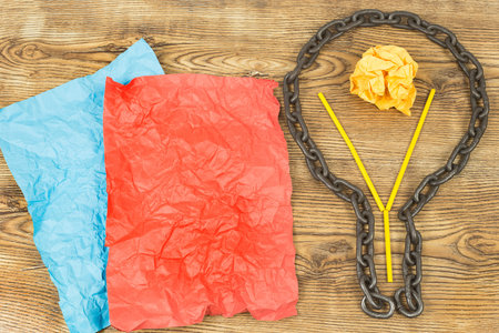 creative idea. Chain in form of bulb.Concept of idea and innovation with paper ball