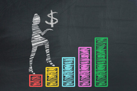 Business, finance, retail, sales concept. Business woman holding US DOLLAR SYMBOL and climbing up on hand drawn graphs chart diagram columns.の写真素材
