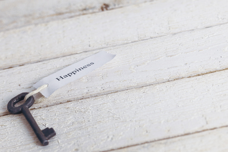Keys to Happiness - Keychain over white Wooden Backgroundの写真素材