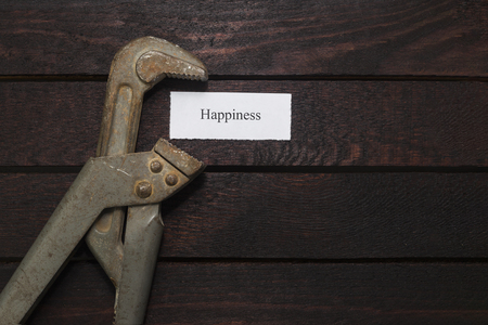 pipe wrench compresses a piece of paper with an inscription happinessの写真素材