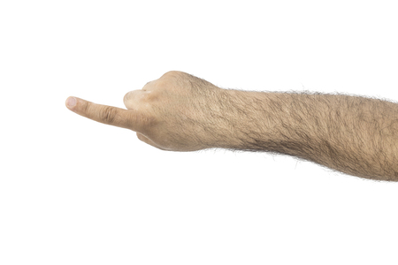 Man's hand touching or pointing to something isolated on whiteの写真素材