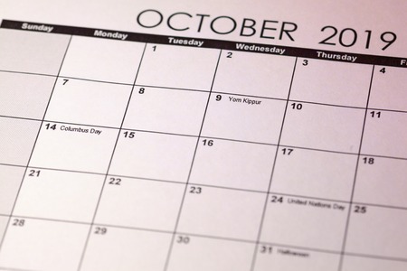 Yom Kippur in selective focus on October 2019 calendar. Toned Imageの写真素材