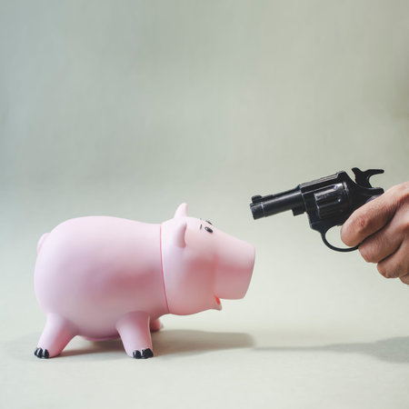 Robbery concept. Shooting piggy bank. Concept of money problems