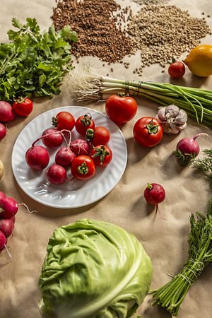Fresh vegetables and cereals. Useful and healthy eatingの写真素材