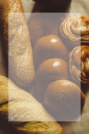 Food concept. Different type breads. Top view. Free space for text. Copy spaceの写真素材