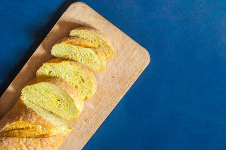 Food concept. Bread sliced. Top view. Free space for text. Copy space