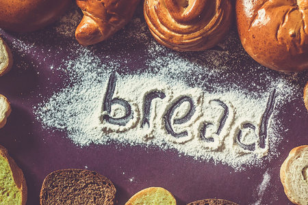 Food concept. Different type breads. Top view. Free space for text. Copy space