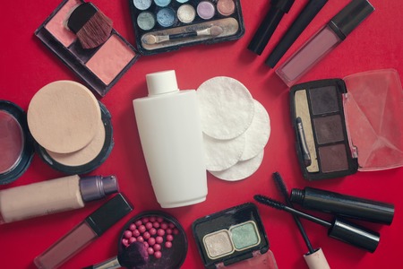 Women's cosmetics and accessories on paper background. Beauty products. View from above. Top view. Free spaceの写真素材