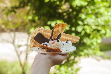 Young woman holding delicious ice cream with waffle during a picnic at nature. Summer food concept. Young adult eating yummy ice cream with a stick on a bright summer dayの写真素材