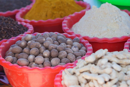 Marketstall selling ingredients. Traditional spices market. colored spices at local market. Beautiful vivid oriental market with baskets full of various spices. Spice marketの写真素材