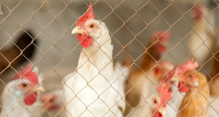 chickens in the coop. Hens in the chicken coop behind the fence