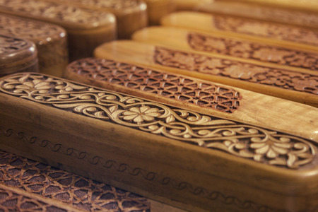 Group of wooden Complicated Decorated Carved Pencil Box.の写真素材