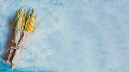 Corn bouquet on bright blue background. Bouquet made with partially shucked sweet corns with cobs....