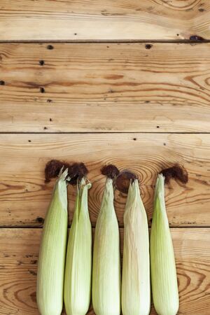Fresh raw corn cobs on wooden background. Raw corn with skin. Sweet cornの写真素材